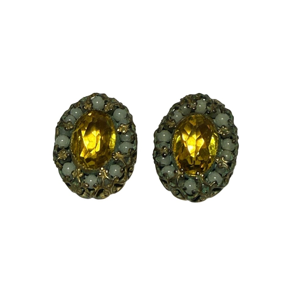 Vintage Yellow Glass Oval Clip-On Earrings Brass Filigree Beaded Stud Women